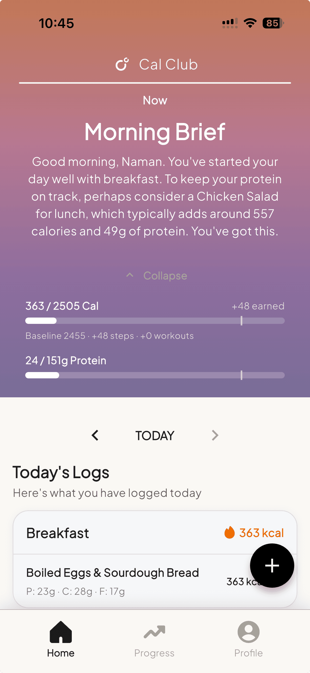 Cal Club — Morning Brief screen. Good morning, Naman. You've started your day well with breakfast. To keep your protein on track, perhaps consider a Chicken Salad for lunch.