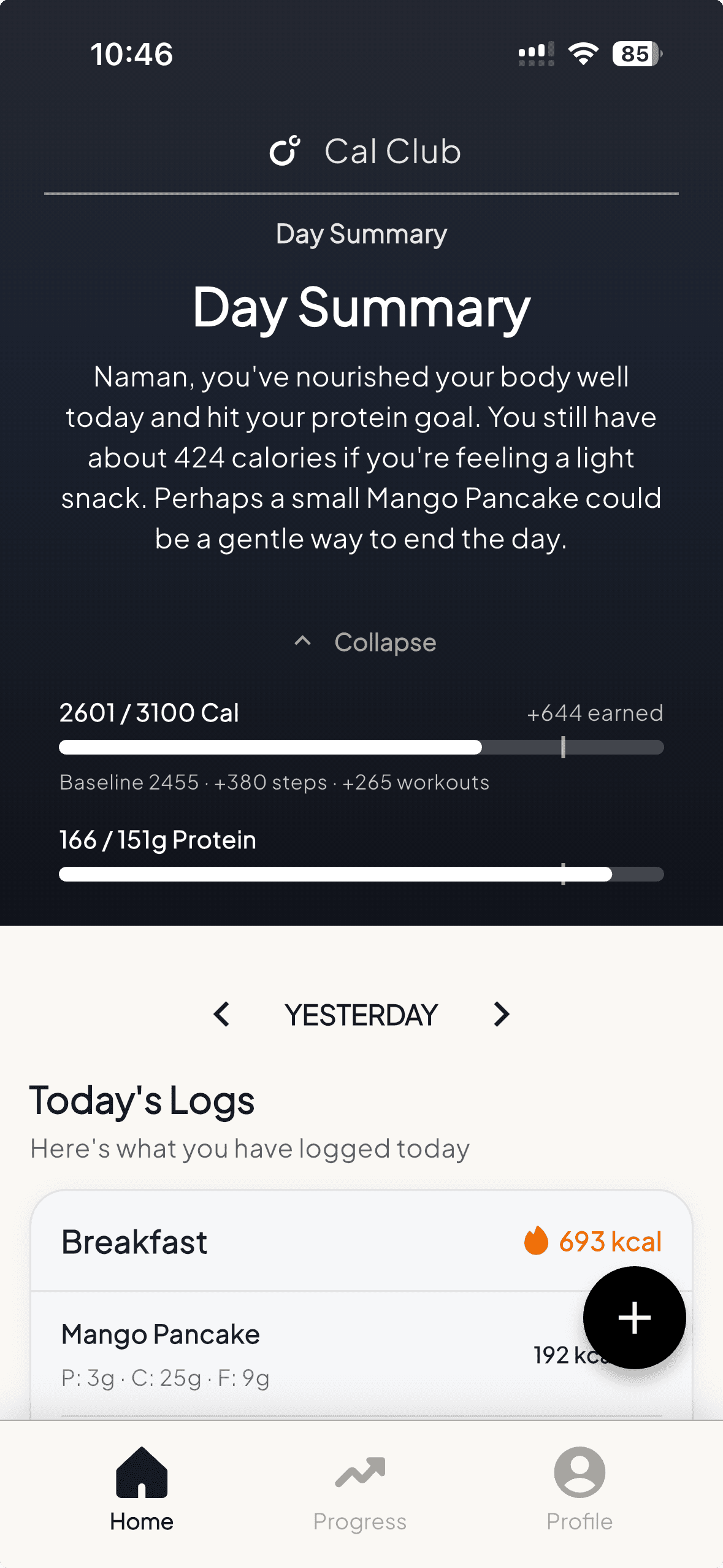 Cal Club Day Summary screen